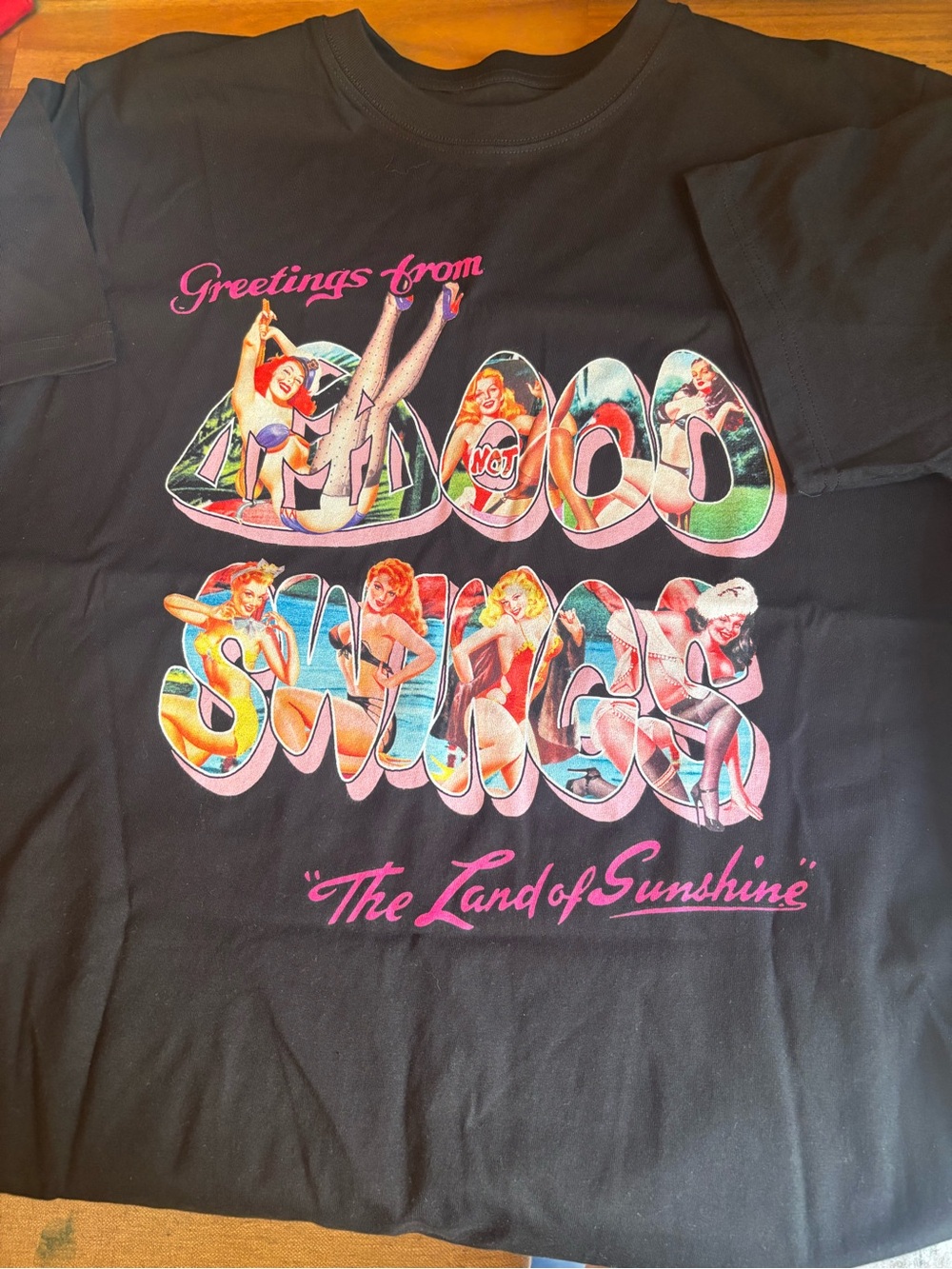 Black Graphic Short Sleeve Tee with Retro Pin-Up 'Land of Sunshine' Print